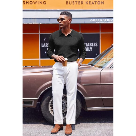 Men's Knit Polo Sweater V-Neck Long Sleeve Dress Pullover Fall Sweater Black - Picture 3 of 5